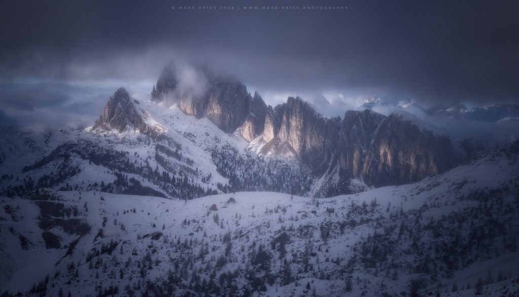 The Setsass range during stormy winter light in the Dolomites