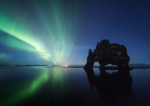 Hvitserkur in Northern Iceland with the specatacle of Aurora Borealis