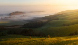 Golden sunrise light begins to warm up the landscape in late Autumn, Sussex