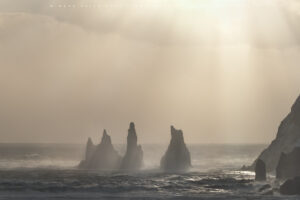 Vik's iconic sea stacks during a moment of light in an intense storm