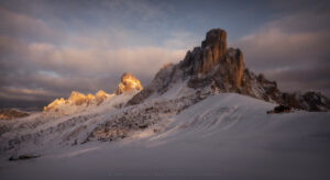 Pristine snow and early morning light on the Passo Giau in Italy