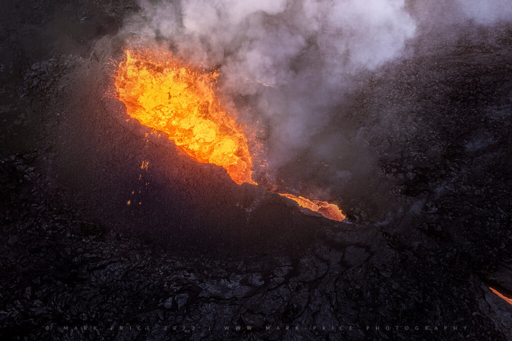 A 'bird's eye' view of the 2023 Iceland Eruption, shot from an aerial perspective