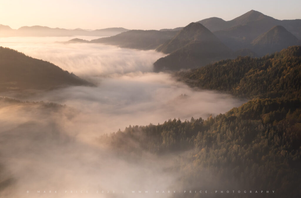 A drone view of a spectacular morning in the Julian Alps. Mark Price Landscape Photography.