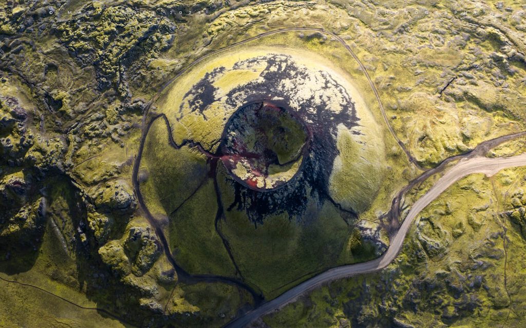 An ancient volcanic crater viewed from an aerial perspective