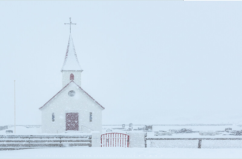 A Snow Storm dominates the Icelandic winter landscape - this beautiful church looked so serene