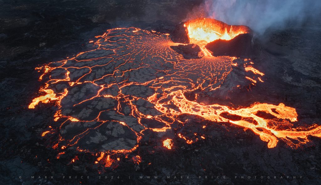 The epicentre of the Littli Hrutir eruption on Iceland - Summer 2023. The crater collapsed allowing this incredible lava spread to form - Mark Price Photography